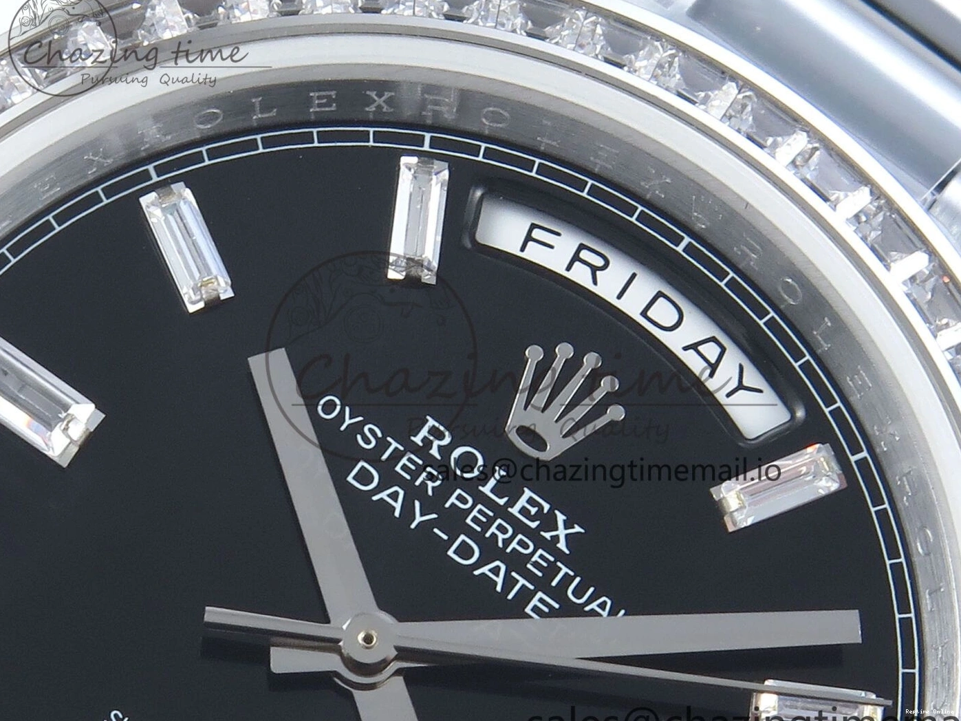 1221 Soft DayDate 40 SS QF 1:1 Best Edition Black Crystal Dial Diamonds Bezel on President Bracelet A2836 V5 (Gain Weight) 477